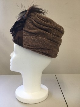 NL, Beige, Brown, Wool, Feathers, Mottled, Solid, Turban in Mottled Brown Wool Fabric. Flat Top, Chocolate Brown Satin Ribon at Center Front, with Choc Brown Egret Plumes,