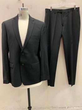 Mens, Suit, Jacket, CALVIN KLEIN, Black, Wool, Elastane, Solid, 42R, Notched Lapel, Single Breasted, Button Front, 3 Pockets