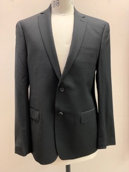 Mens, Suit, Jacket, CALVIN KLEIN, Black, Wool, Elastane, Solid, 42R, Notched Lapel, Single Breasted, Button Front, 3 Pockets