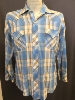 AUTHENTIC WESTERN, Lt Blue, Yellow, Cream, Red, Brown, Cotton, Plaid, Collar Attached, Snap Front, Long Sleeves, Flap Pockets