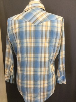 AUTHENTIC WESTERN, Lt Blue, Yellow, Cream, Red, Brown, Cotton, Plaid, Collar Attached, Snap Front, Long Sleeves, Flap Pockets