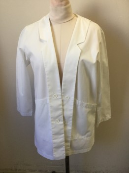 ANGELICA, White, Poly/Cotton, Solid, Feminine Cut, Lapel to Hem with Notch and Button Detail, Open Front, Long Sleeves, 2 Pockets,