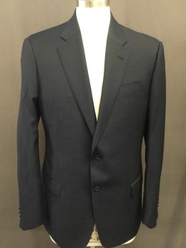 EMPORIO ARMANI, Navy Blue, Wool, Solid, 2 Button Front, Pocket Flap, Notched Lapel,