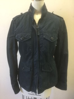 Womens, Casual Jacket, ABERCROMBIE & FITCH, Navy Blue, Cotton, Solid, XS, Twill Lightweight Jacket, Zip Front, 4 Pockets with Button Flap Closures, Epaulettes at Shoulders, Stand Collar with Zip Detail, Drawstring at Inside Waist, No Lining