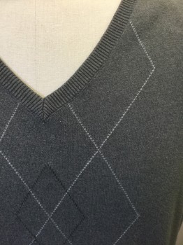 Mens, Sweater Vest, VAN HEUSEN, Gray, White, Dk Gray, Cotton, Argyle, L, Greenish Gray with Thin Dashed White/Dark Gray Argyle Pattern at Center Front, Knit, Pullover, V-neck