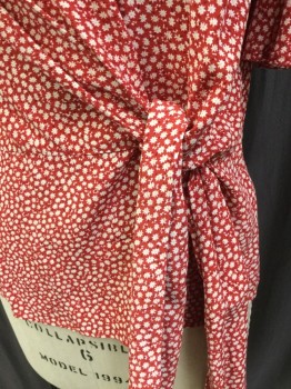 H & M, White, Viscose, Floral, Red with Small Flower Print, Round Neck,  Self Tie/knot on Left Front, Elephant Ear Short Sleeves, Key Hole Back with 1 Cover Button