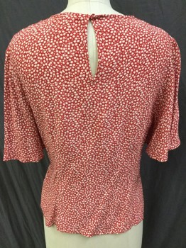 H & M, White, Viscose, Floral, Red with Small Flower Print, Round Neck,  Self Tie/knot on Left Front, Elephant Ear Short Sleeves, Key Hole Back with 1 Cover Button