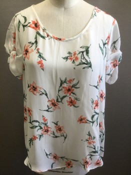 Womens, Top, N/L, White, Coral Orange, Sage Green, Black, Silk, Floral, M, White with Coral, Sage, Black Floral Pattern, Chiffon, Short Sleeves, Pullover with 1 Button Closure at Center Back Neck, Self Knotted Detail at Sleeves