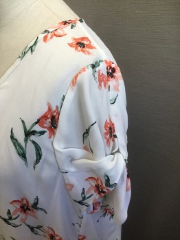 N/L, White, Coral Orange, Sage Green, Black, Silk, Floral, White with Coral, Sage, Black Floral Pattern, Chiffon, Short Sleeves, Pullover with 1 Button Closure at Center Back Neck, Self Knotted Detail at Sleeves