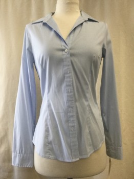 H&M, Baby Blue, White, Poly/Cotton, Elastane, Stripes - Micro, Button Front, Collar Attached, V-neck, Long Sleeves,