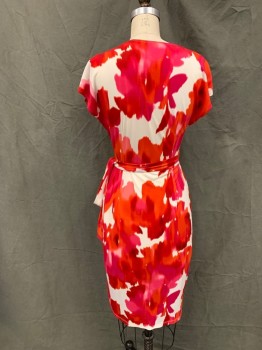Womens, Dress, Short Sleeve, MAGGY LONDON, Red-Orange, Pink, White, Polyester, Spandex, Abstract , Floral, 6, Wrap Dress, Cap Sleeve, Self Attached Belt, Horizontal Pleats at Front Closure, Hem Below Knee