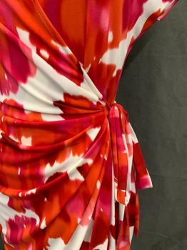 Womens, Dress, Short Sleeve, MAGGY LONDON, Red-Orange, Pink, White, Polyester, Spandex, Abstract , Floral, 6, Wrap Dress, Cap Sleeve, Self Attached Belt, Horizontal Pleats at Front Closure, Hem Below Knee