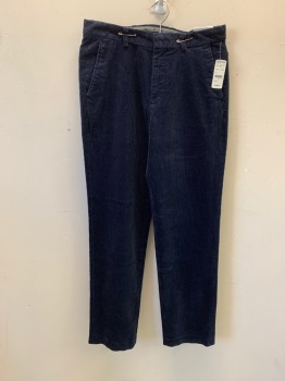 Mens, Casual Pants, BROOKS BROTHERS, Navy Blue, Cotton, Elastane, Solid, 31/32, Corduroy, Zip Front, 4 Pockets, Belt Loops