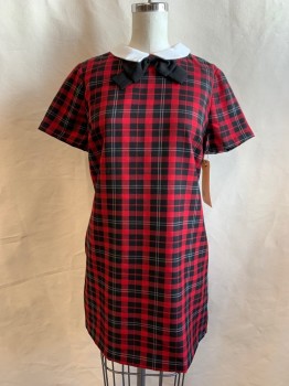 Womens, Dress, Short Sleeve, FOREVER 21, Red, Black, White, Polyester, Viscose, Plaid, S, Crew Neck, White Collar Attached with Black Center Front Bow, Zip Back