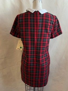 Womens, Dress, Short Sleeve, FOREVER 21, Red, Black, White, Polyester, Viscose, Plaid, S, Crew Neck, White Collar Attached with Black Center Front Bow, Zip Back