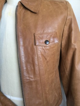 Mens, Leather Jacket, MAVI, Camel Brown, Leather, Solid, M, Collar Attached, Zip Front, 2 Long Vertical with Flap Front with Brass Snap, Diagonal Seams Back, 2" Waistband W/ 2 Short Belt with Snap Back,Long Sleeves with Zipper/cuff with Matching Brass Snap, Light Shining Peachy-brown Square Quilt Lining