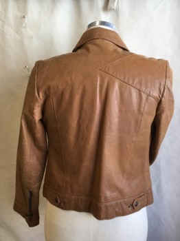 Mens, Leather Jacket, MAVI, Camel Brown, Leather, Solid, M, Collar Attached, Zip Front, 2 Long Vertical with Flap Front with Brass Snap, Diagonal Seams Back, 2" Waistband W/ 2 Short Belt with Snap Back,Long Sleeves with Zipper/cuff with Matching Brass Snap, Light Shining Peachy-brown Square Quilt Lining