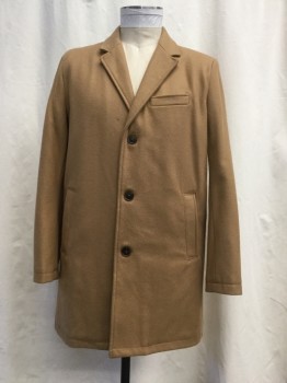 Mens, Coat, Overcoat, TOMMY HILFIGER, Camel Brown, Wool, Polyester, Solid, 46R, Notched Lapel, 3 Button Front, 3 Pockets