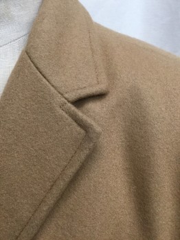 Mens, Coat, Overcoat, TOMMY HILFIGER, Camel Brown, Wool, Polyester, Solid, 46R, Notched Lapel, 3 Button Front, 3 Pockets