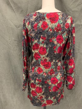 Womens, Dress, Long & 3/4 Sleeve, TUCKER, Red, Dk Red, Green, Tan Brown, Black, Silk, Floral, Abstract , S, Scoop Neck, Gathered Inset Sleeve, Extended Button Loop Cuff, Hem Above Knee