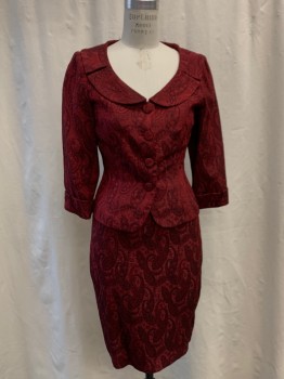 Womens, Suit, Jacket, M. LONDON , Red, Black, Polyester, Rayon, Paisley/Swirls, B: 34, Metallic Red, Peter Pan Collar Attached, Single Breasted, Button Front, 4 Covered Buttons