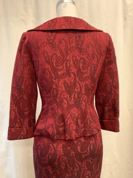 M. LONDON , Red, Black, Polyester, Rayon, Paisley/Swirls, Metallic Red, Peter Pan Collar Attached, Single Breasted, Button Front, 4 Covered Buttons