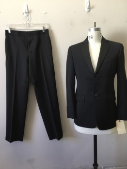 DKNY, Black, Wool, Polyester, Solid, Notched Lapel, Collar Attached, 2 Buttons,  3 Pockets,