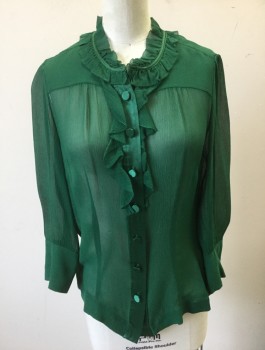 BANANA REPUBLIC, Emerald Green, Silk, Polyester, Solid, Sheer Crinkled Texture Chiffon, 3/4 Sleeves, Button Front, Satin Covered Buttons and Trim, Round Neck with Self Ruffled Edge, Ruffle at Center Front Button Placket
