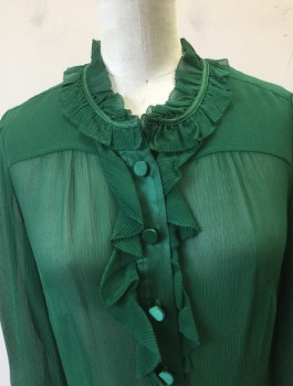 BANANA REPUBLIC, Emerald Green, Silk, Polyester, Solid, Sheer Crinkled Texture Chiffon, 3/4 Sleeves, Button Front, Satin Covered Buttons and Trim, Round Neck with Self Ruffled Edge, Ruffle at Center Front Button Placket