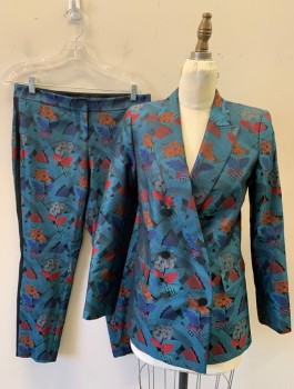 Womens, Suit, Jacket, LAFAYETTE 148, Turquoise Blue, Royal Blue, Red, Black, Gray, Polyester, Floral, Geometric, B32, Size 2, Brocade, Double Breasted, Peaked Lapel, Black Buttons, 2 Pockets, Boxy Fit