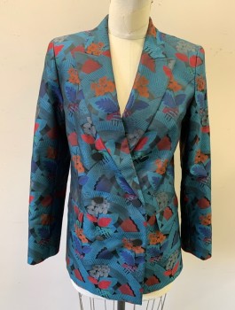 LAFAYETTE 148, Turquoise Blue, Royal Blue, Red, Black, Gray, Polyester, Floral, Geometric, Brocade, Double Breasted, Peaked Lapel, Black Buttons, 2 Pockets, Boxy Fit