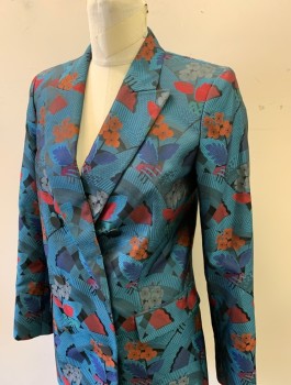 Womens, Suit, Jacket, LAFAYETTE 148, Turquoise Blue, Royal Blue, Red, Black, Gray, Polyester, Floral, Geometric, B32, Size 2, Brocade, Double Breasted, Peaked Lapel, Black Buttons, 2 Pockets, Boxy Fit