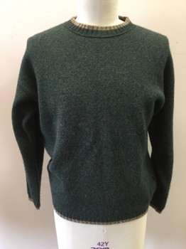 Mens, Pullover Sweater, WOOLRICH, Dk Green, Taupe, Wool, Heathered, L, Dk Green Heathered with Heathered Taupe Trim, Crew Neck, Pullover, Long Sleeves,