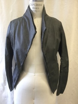 Womens, Leather Jacket, MTO, Gray, Leather, Solid, 36, Drapey Open Front, High Double Neck, Long Sleeves, 2 Pockets, Black Ribbed Knit Side Panels and Sleeve Underpanels, Heavy Gray Topstitching on Seams