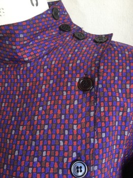 MS II PETITE, Purple, Lavender Purple, Dk Orange, Brown, Polyester, Novelty Pattern, Mandarin Collar with 2 Black Button, Off Side Flap with Matching Buttons Front, Long Sleeves, Thin Elastic Waist, NO BELT,