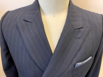 DRIES VAN NOTEN, Navy Blue, Wool, Stripes - Shadow, Double Breasted, Peaked Lapel, 3 Pockets, Attached Pocket Square