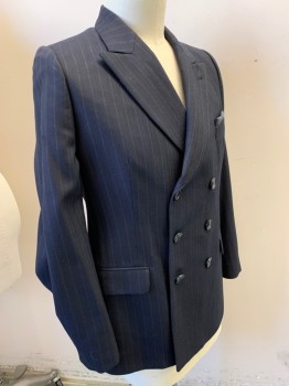 DRIES VAN NOTEN, Navy Blue, Wool, Stripes - Shadow, Double Breasted, Peaked Lapel, 3 Pockets, Attached Pocket Square