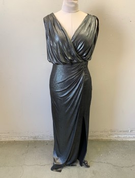 Womens, Cocktail Dress, BIBA, Silver, Polyester, Elastane, Solid, Sz.10, Dark Silver Stretch Fabric, Sleeveless, Surplice V-neck, Grecian Draped Shoulders, Elastic Waist, Button and Loop Detail at Hip (2 Missing), Ruched at Hip, Ankle Length, Slit at Hem