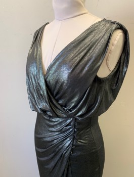 BIBA, Silver, Polyester, Elastane, Solid, Dark Silver Stretch Fabric, Sleeveless, Surplice V-neck, Grecian Draped Shoulders, Elastic Waist, Button and Loop Detail at Hip (2 Missing), Ruched at Hip, Ankle Length, Slit at Hem