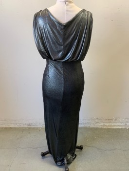 BIBA, Silver, Polyester, Elastane, Solid, Dark Silver Stretch Fabric, Sleeveless, Surplice V-neck, Grecian Draped Shoulders, Elastic Waist, Button and Loop Detail at Hip (2 Missing), Ruched at Hip, Ankle Length, Slit at Hem