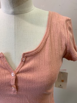 PINK REPUBLIC, Salmon Pink, Poly/Cotton, Solid, Pull On, Short Sleeves, 3 Btns Placket, Round Neck, Open Work Pattern Stripe, MULTIPLES