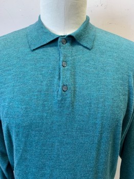Mens, Polo, E- Luxe, Shamrock Green, Wool, Heathered, XL, L/S, 3 Buttons, Collar Attached,