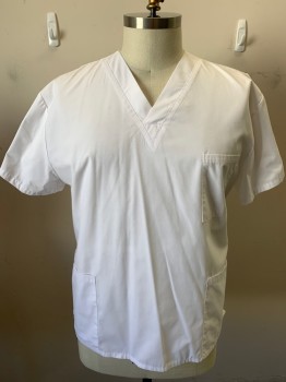 MAR SCRUBS, White, Cotton, Polyester, Solid, Short Sleeves, V-neck, 3 Patch Pockets,