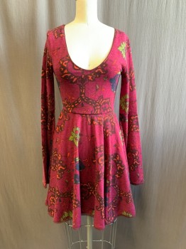Womens, Dress, Long & 3/4 Sleeve, KIMCHI BLUE, Magenta Purple, Orange, Navy Blue, Olive Green, Tomato Red, Polyester, Spandex, Floral, XS, Knit, V-neck, Long Bell Sleeves, Chiffon Trim, Gored