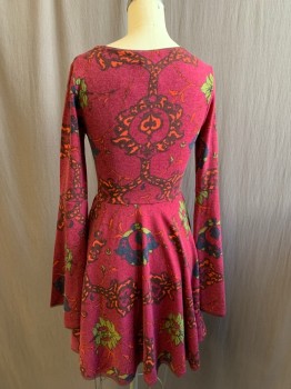 Womens, Dress, Long & 3/4 Sleeve, KIMCHI BLUE, Magenta Purple, Orange, Navy Blue, Olive Green, Tomato Red, Polyester, Spandex, Floral, XS, Knit, V-neck, Long Bell Sleeves, Chiffon Trim, Gored
