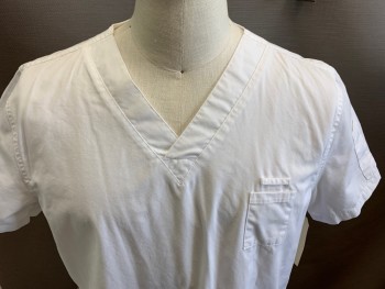 Unisex, Scrub Top, HEALTH PRO, White, Cotton, Solid, L, Short Sleeves, V-neck, 5 Pockets,