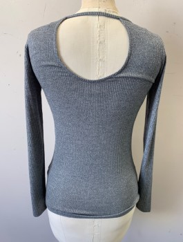 Womens, Top, HOLLISTER, Gray, Cream, Viscose, Polyester, Solid, XS, Rib Knit, Cream Large Bib Panel at Chest, Long Sleeves, Round Neck, Open at Back Shoulders, Fitted