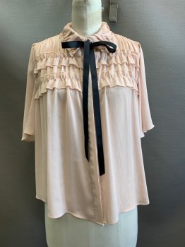 Womens, Blouse, ZARA, Beige, Black, Polyester, Solid, M, S/S, Button Front, Collar Attached, Ruffled Collar And Chest, With Black Ribbon