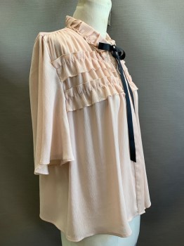Womens, Blouse, ZARA, Beige, Black, Polyester, Solid, M, S/S, Button Front, Collar Attached, Ruffled Collar And Chest, With Black Ribbon