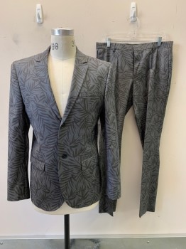 Mens, Suit, Jacket, TOPMAN, Gray, Charcoal Gray, Polyester, Wool, Leaves/Vines , 40R, 2 Buttons, Single Breasted, Notched Lapel, 3pockets,